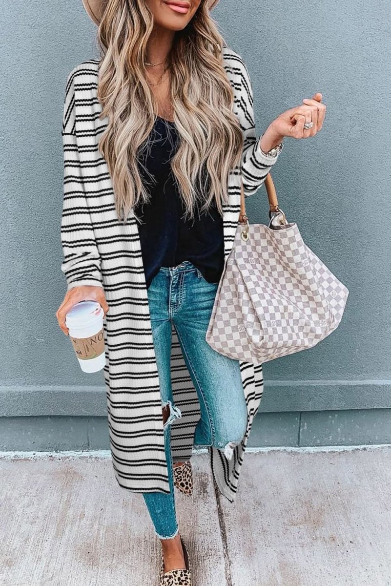 Black Striped Longline Open Duster Cardigan - Love Salve